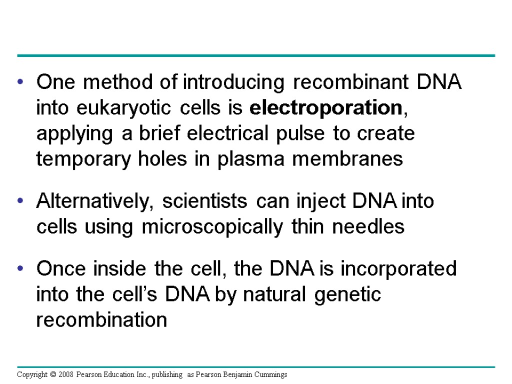 One method of introducing recombinant DNA into eukaryotic cells is electroporation, applying a brief